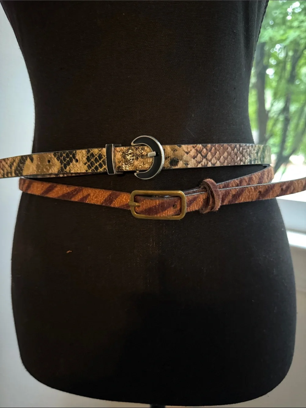 Two Women's Animal Print Slim Belts - Fuzzy Snake & Zebra Patterns